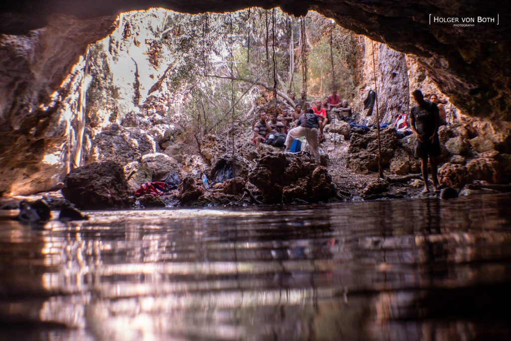 View from inside Anjanamba Cave toward the entrance where members of the Mikea community supported the cave diving expedition in Madagascar.